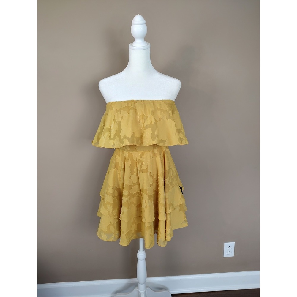 Lulus Mustard Yellow Floral Burnout Strapless Tiered Ruffle Mini Dress XS NWT